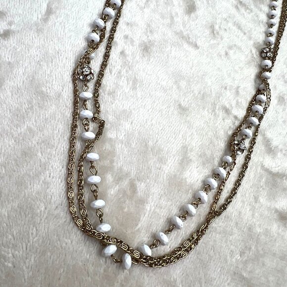 Multi Strand Beaded Necklace Gold Tone White Rhinestones Chain - Picture 6 of 7
